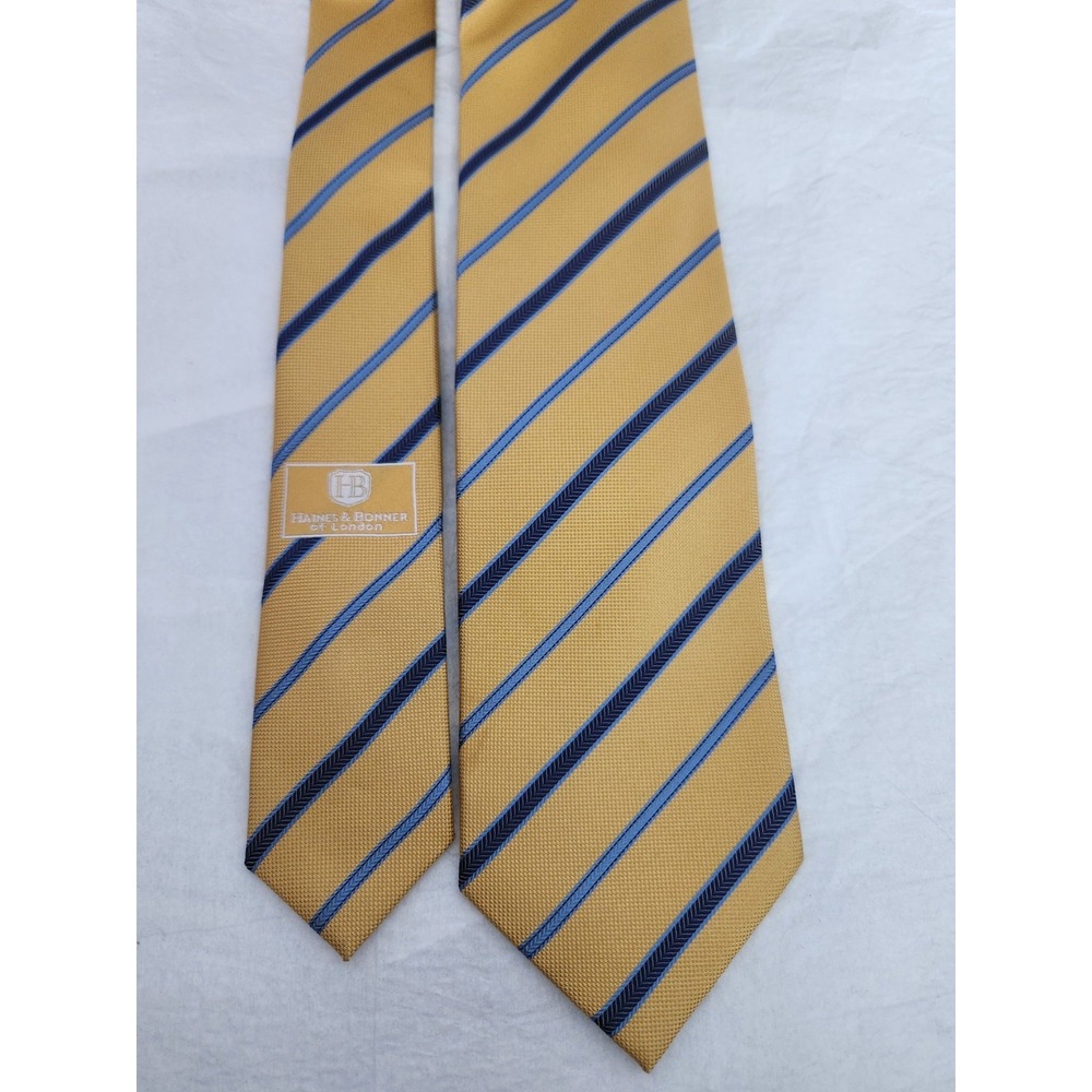 Haines & Bonner London Yellow Blue Stripes Handmade Silk Tie 59.5x3.25